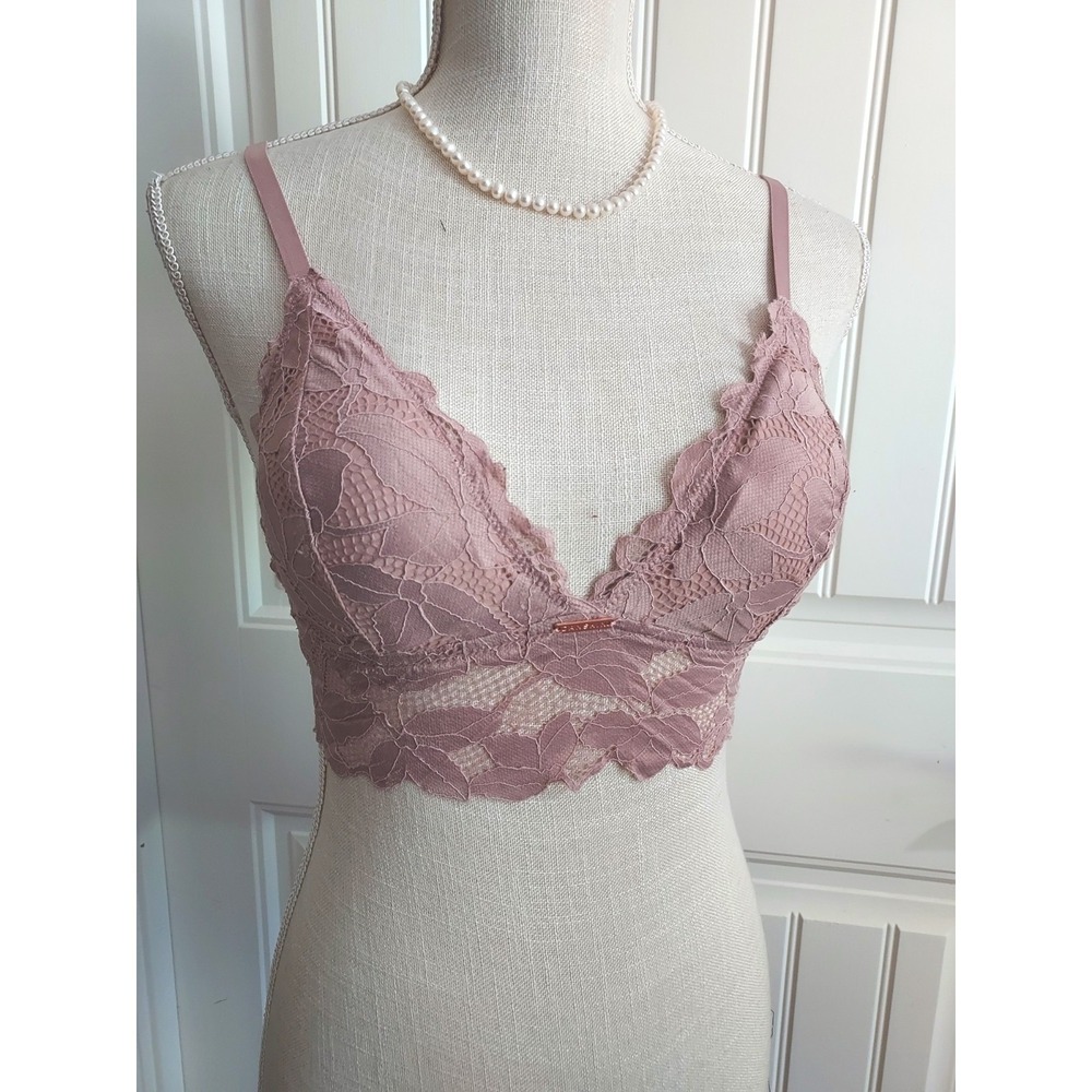 Danskin Intimates Mauve Floral Lace Longline Bralette Padded Size M Fairy